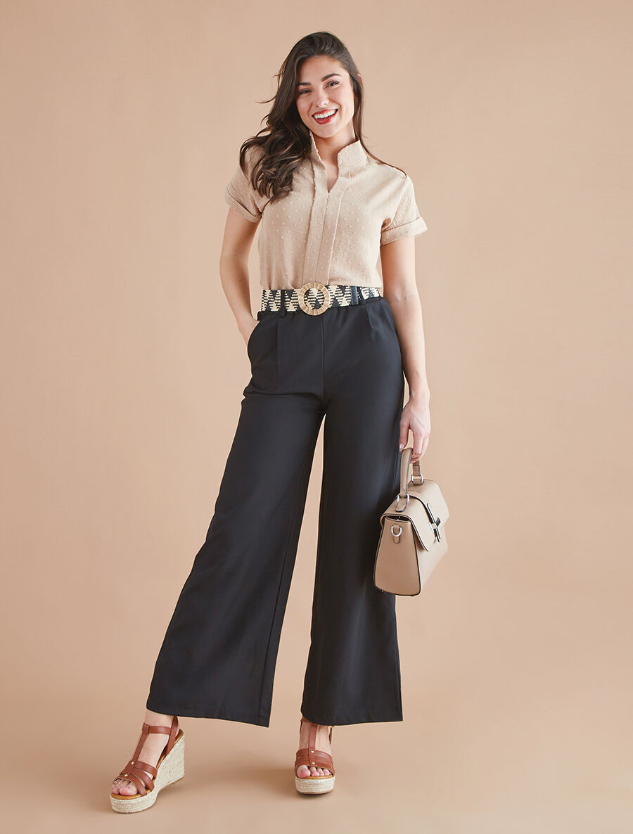 Pantalon ample taille haute élastiquée - Noir - 4