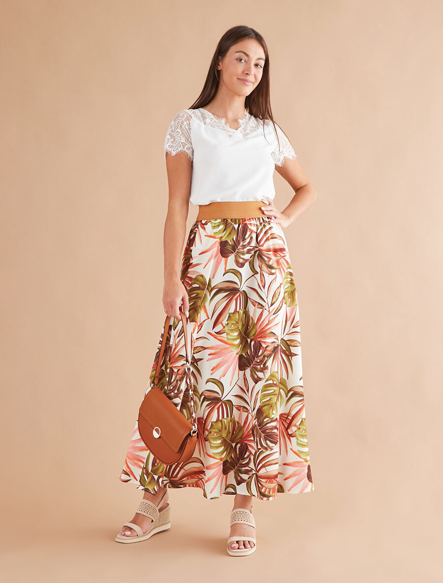 Jupe longue à imprimé tropical - Crème - 4