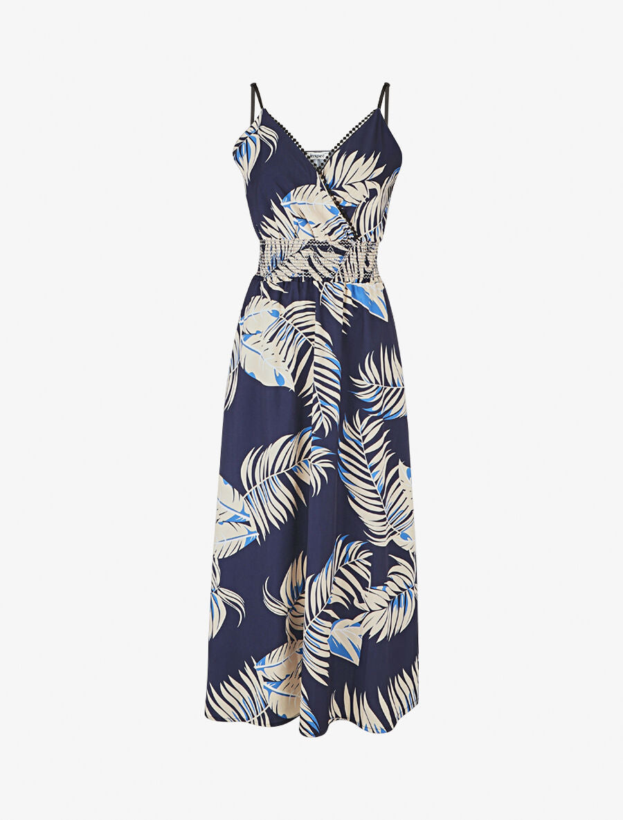 Robe empire imprimé feuilles - Marine - 1