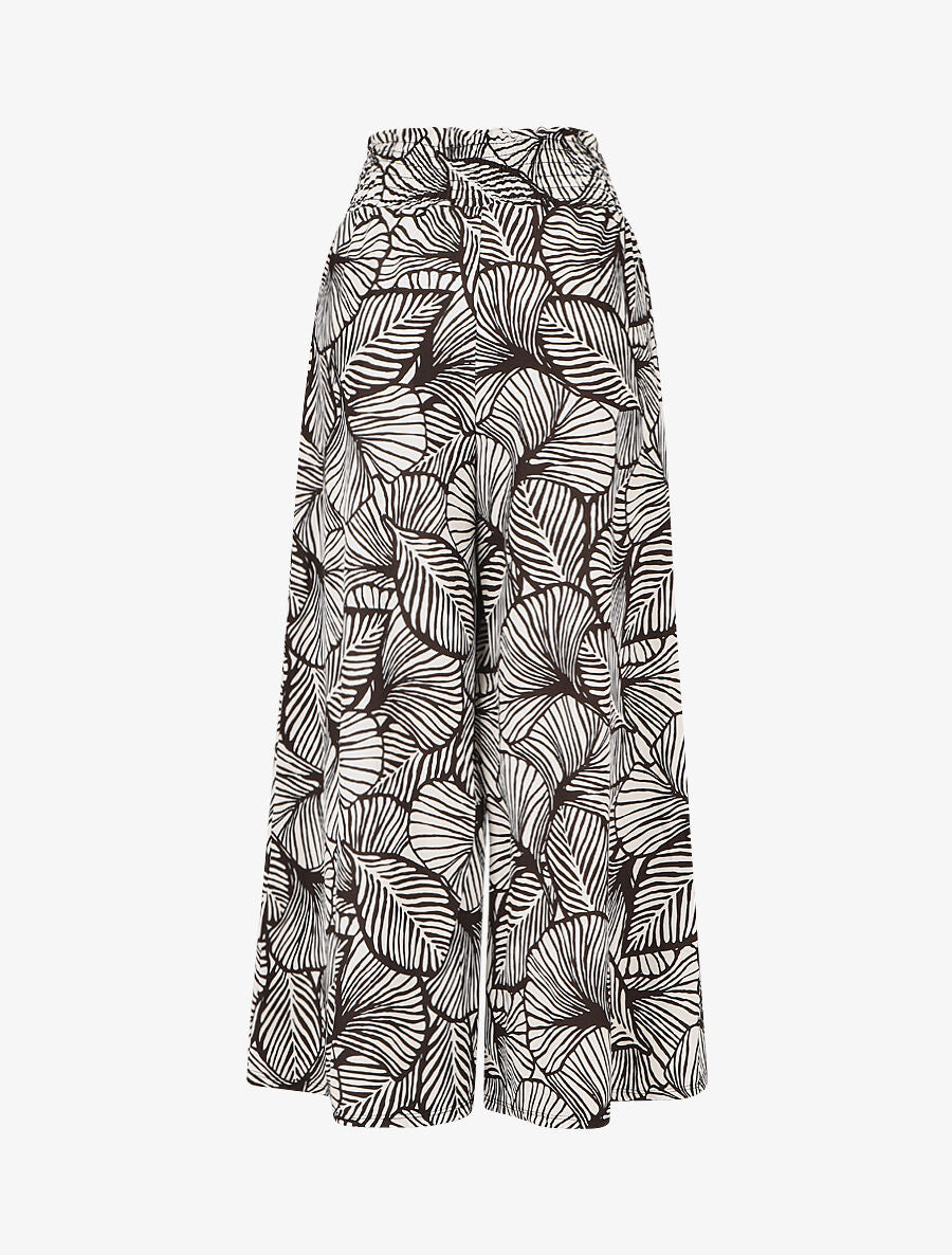 Pantalon ample taille haute imprimé feuilles - Blanc/noir - 2