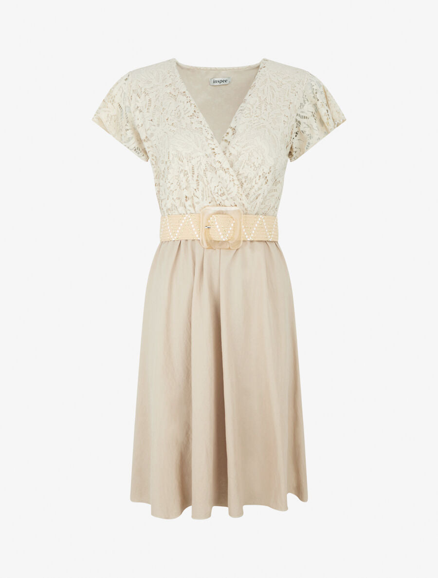 Robe mi-longue à buste brodé - Beige - 4