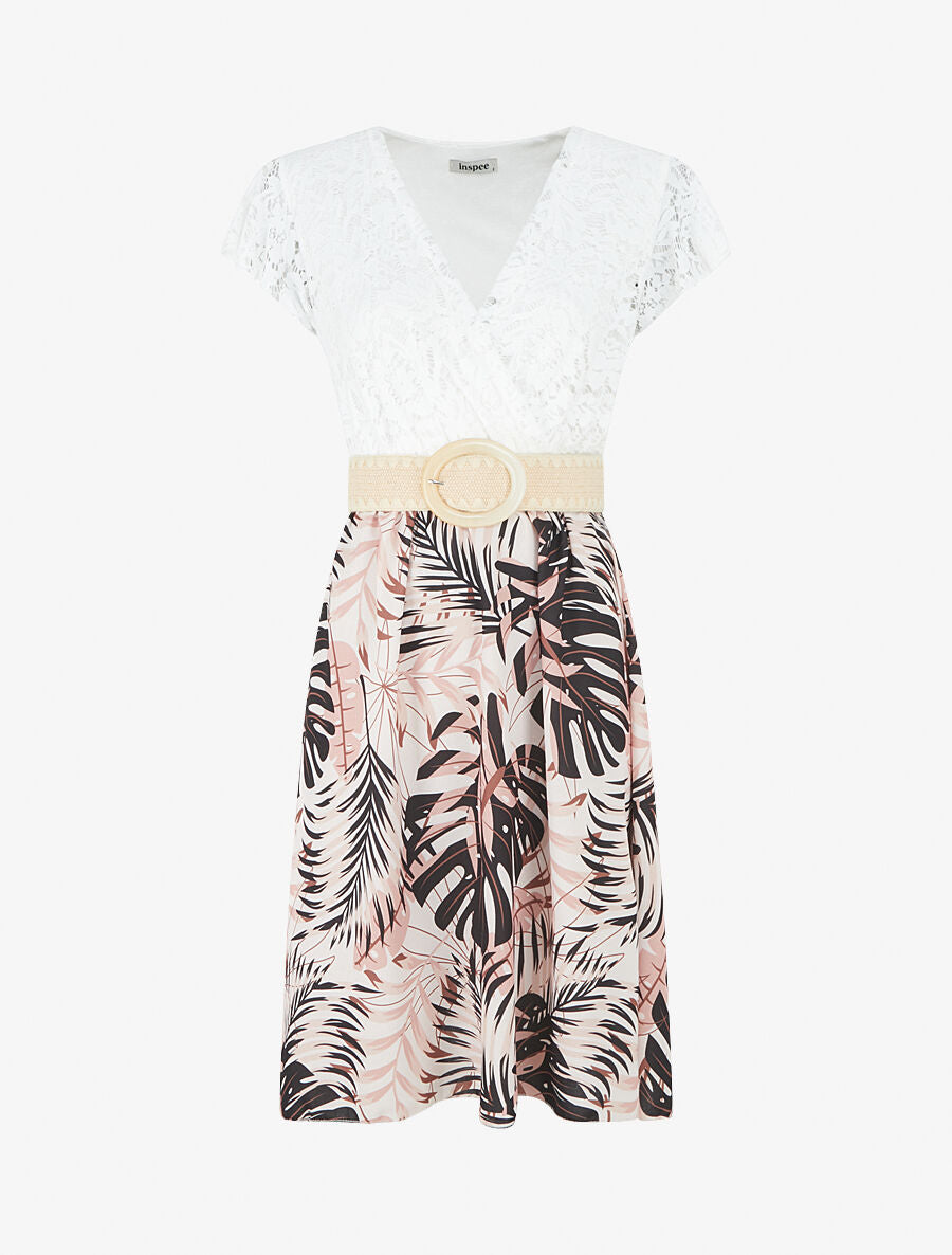 Robe mi-longue à jupe imprimé tropical - Noir - 5