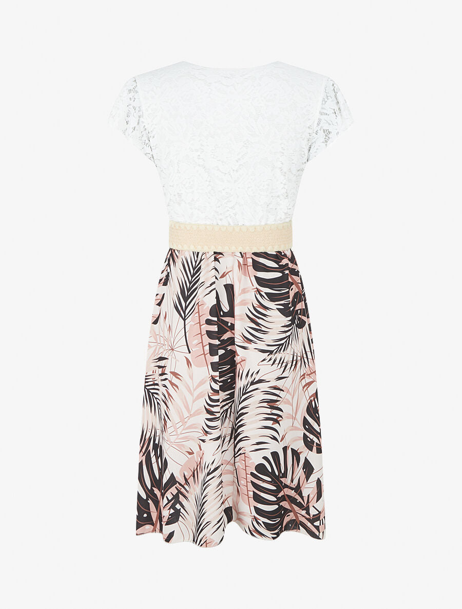 Robe mi-longue à jupe imprimé tropical - Noir - 2