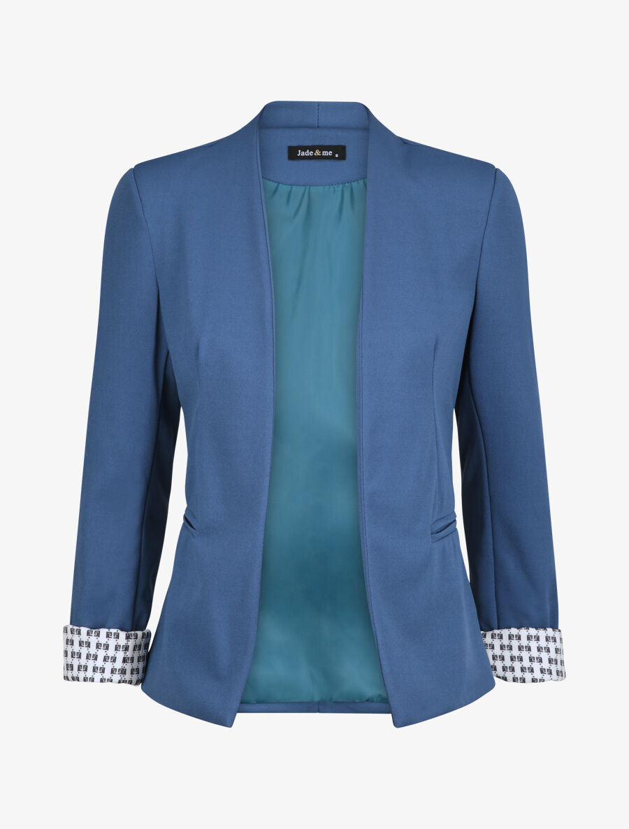 Blazer slim uni à revers imprimé grec - Bleu - 4