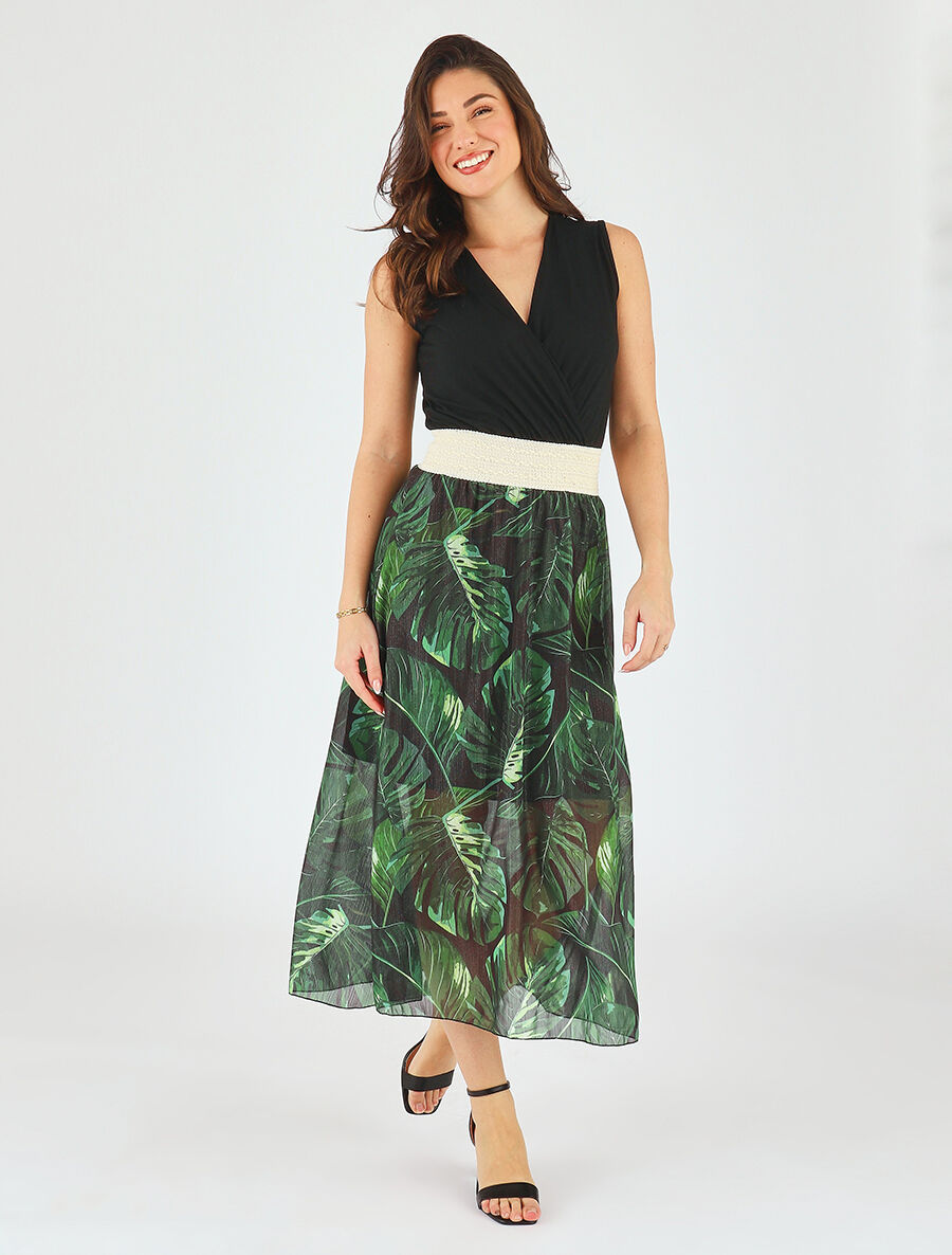 Robe longue bi-matière sans manches imprimé tropique - Noir - 4