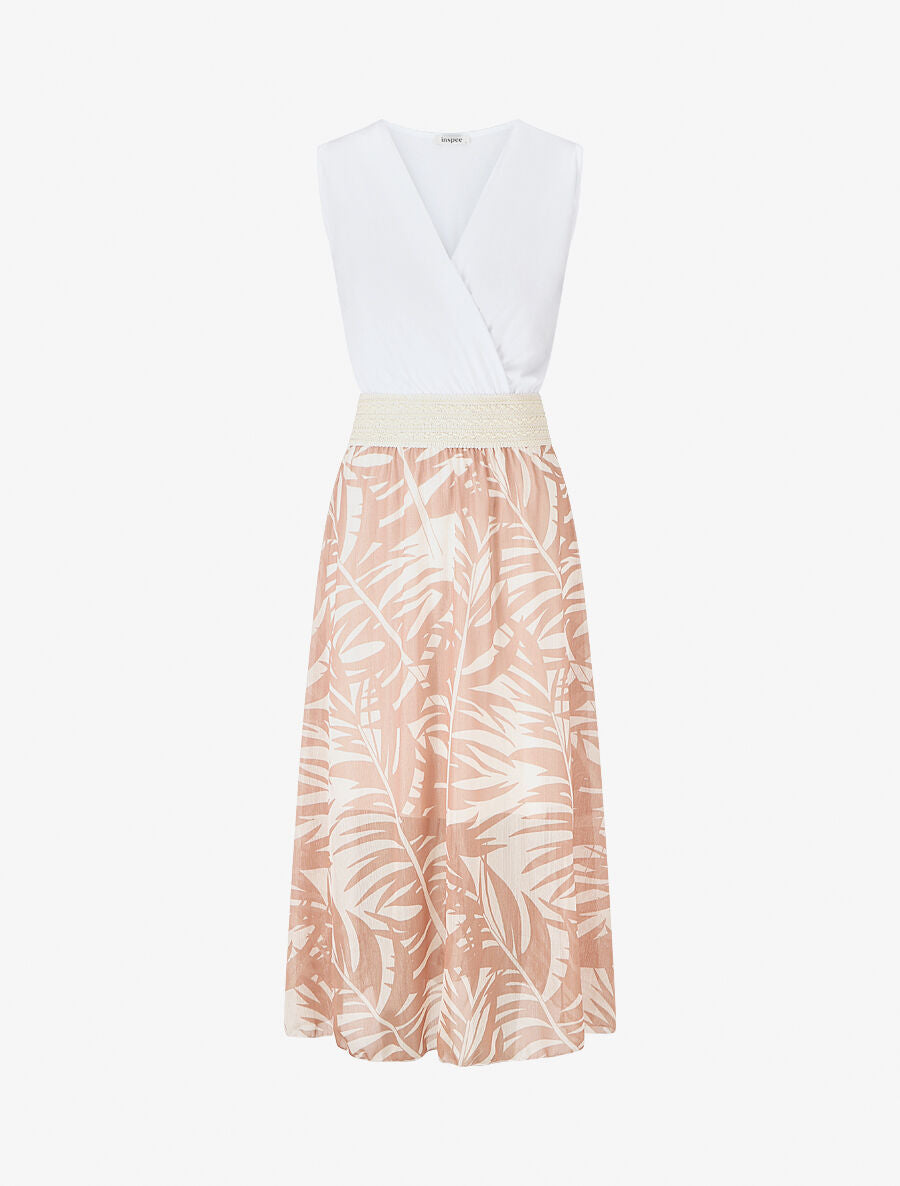 Robe longue bi-matière sans manches imprimé végétal - Beige - 5