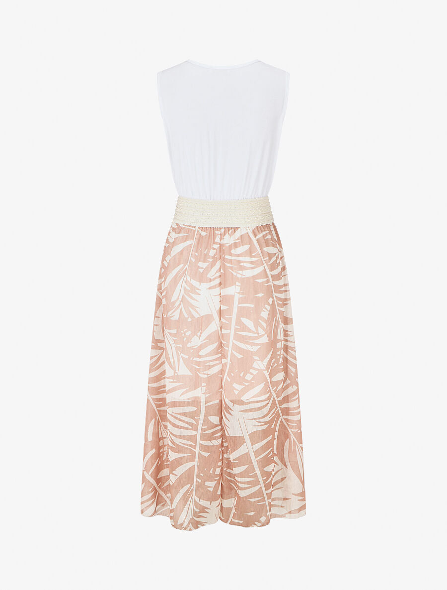 Robe longue bi-matière sans manches imprimé végétal - Beige - 2