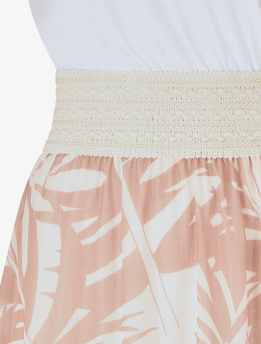 Robe longue bi-matière sans manches imprimé végétal - Beige - 3