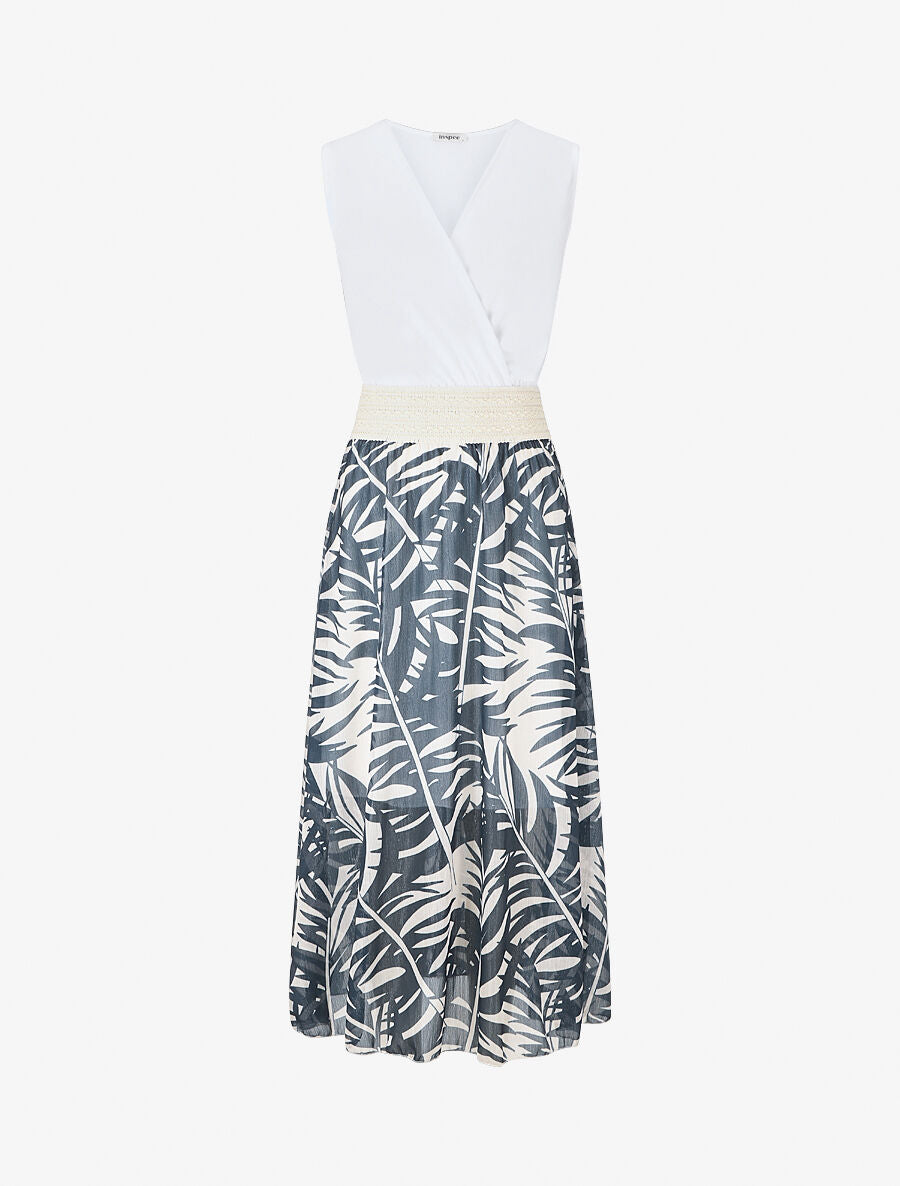 Robe longue bi-matière sans manches imprimé végétal - Marine - 5