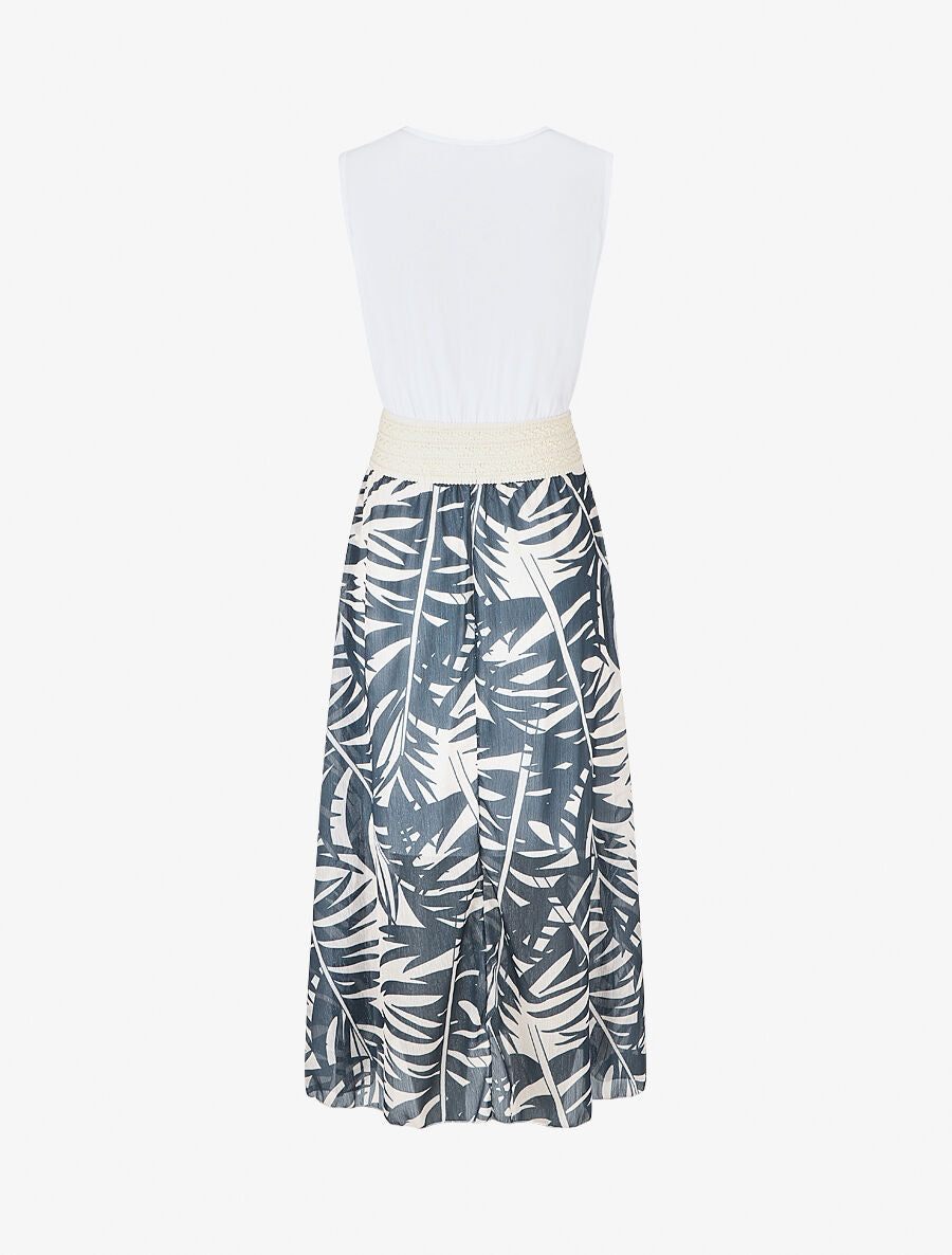 Robe longue bi-matière sans manches imprimé végétal - Marine - 2