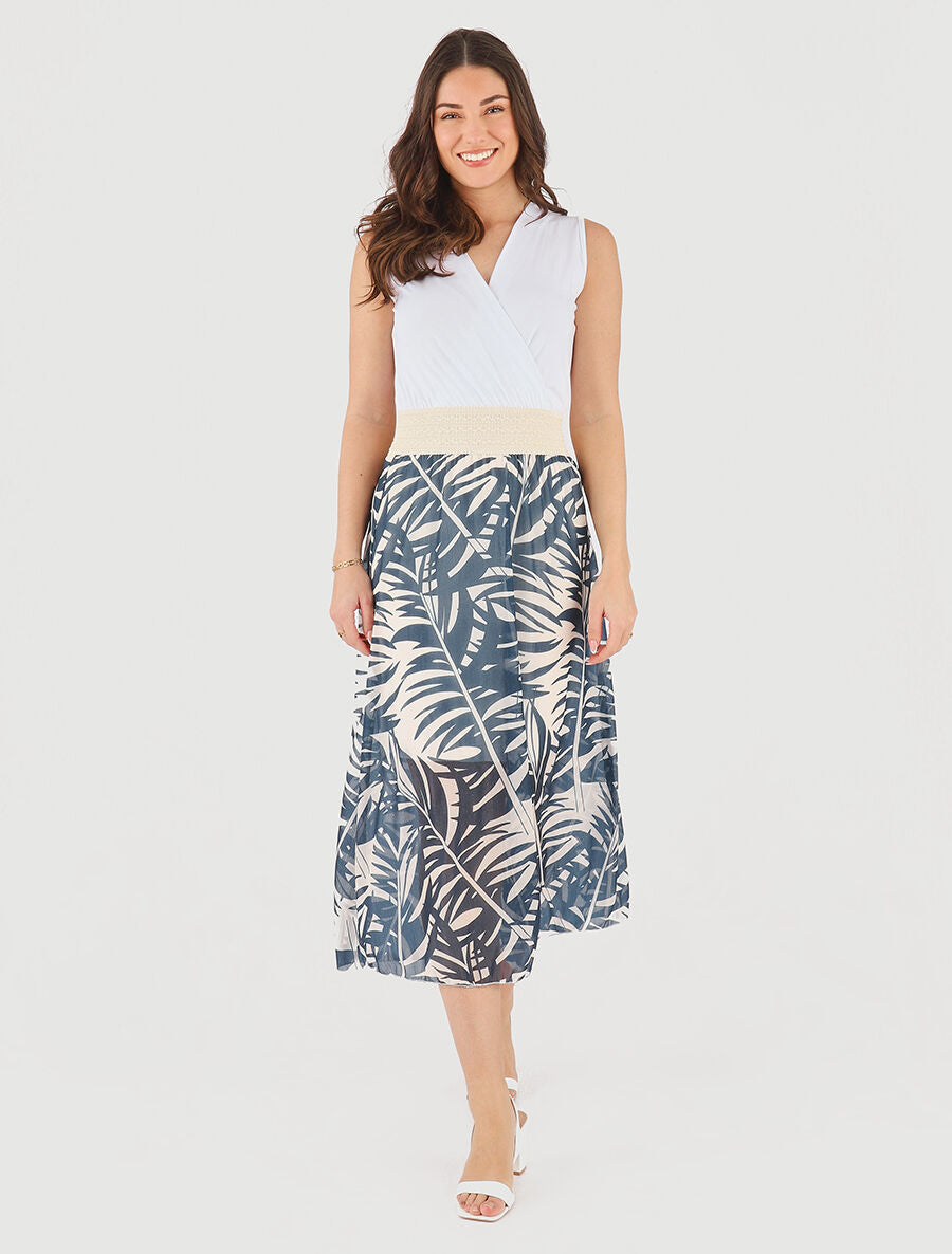 Robe longue bi-matière sans manches imprimé végétal - Marine - 4