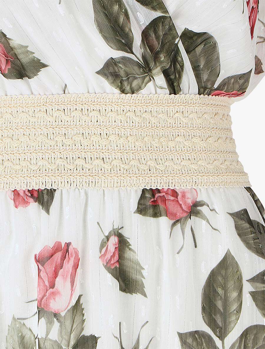 Robe mi-longue sans manches imprimé roses - Blanc - 3