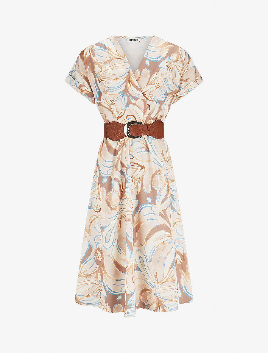 Robe longue évasée imprimé fleurs abstraites - Beige - 4
