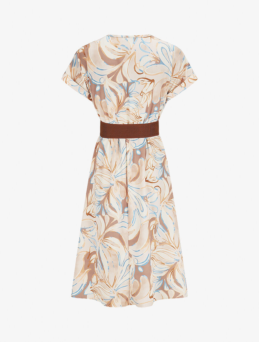 Robe longue évasée imprimé fleurs abstraites - Beige - 2