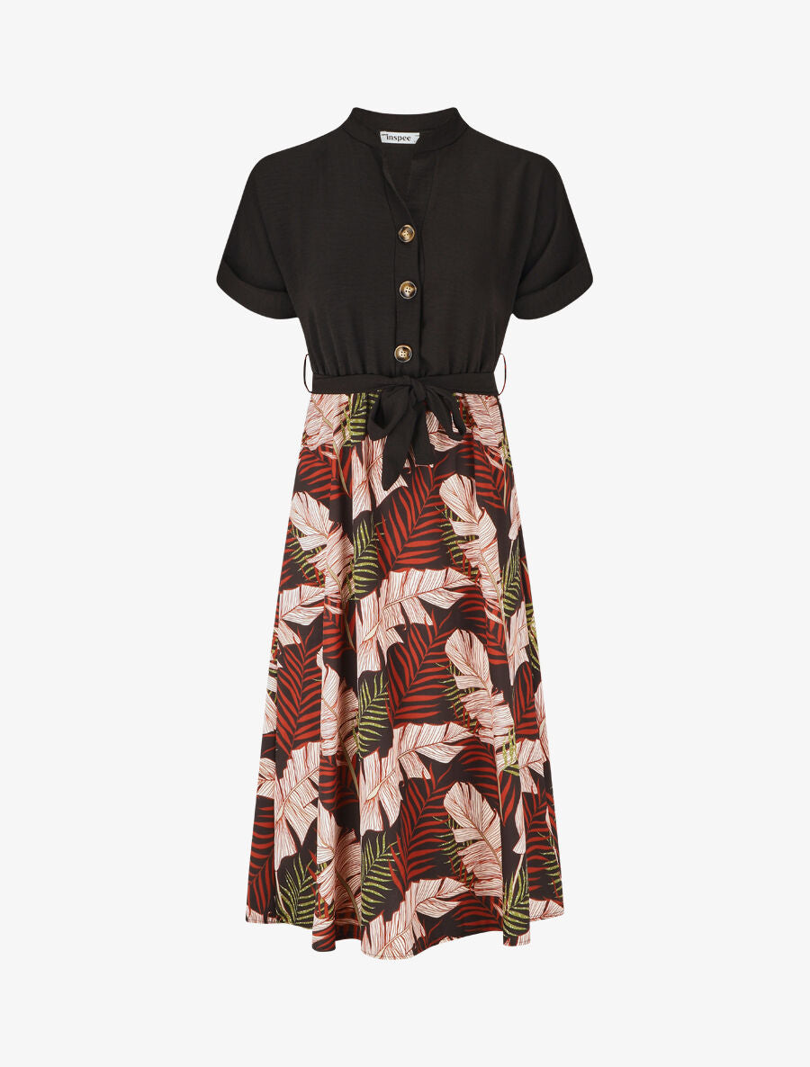 Robe midi manches courtes motif tropical - Noir - 1