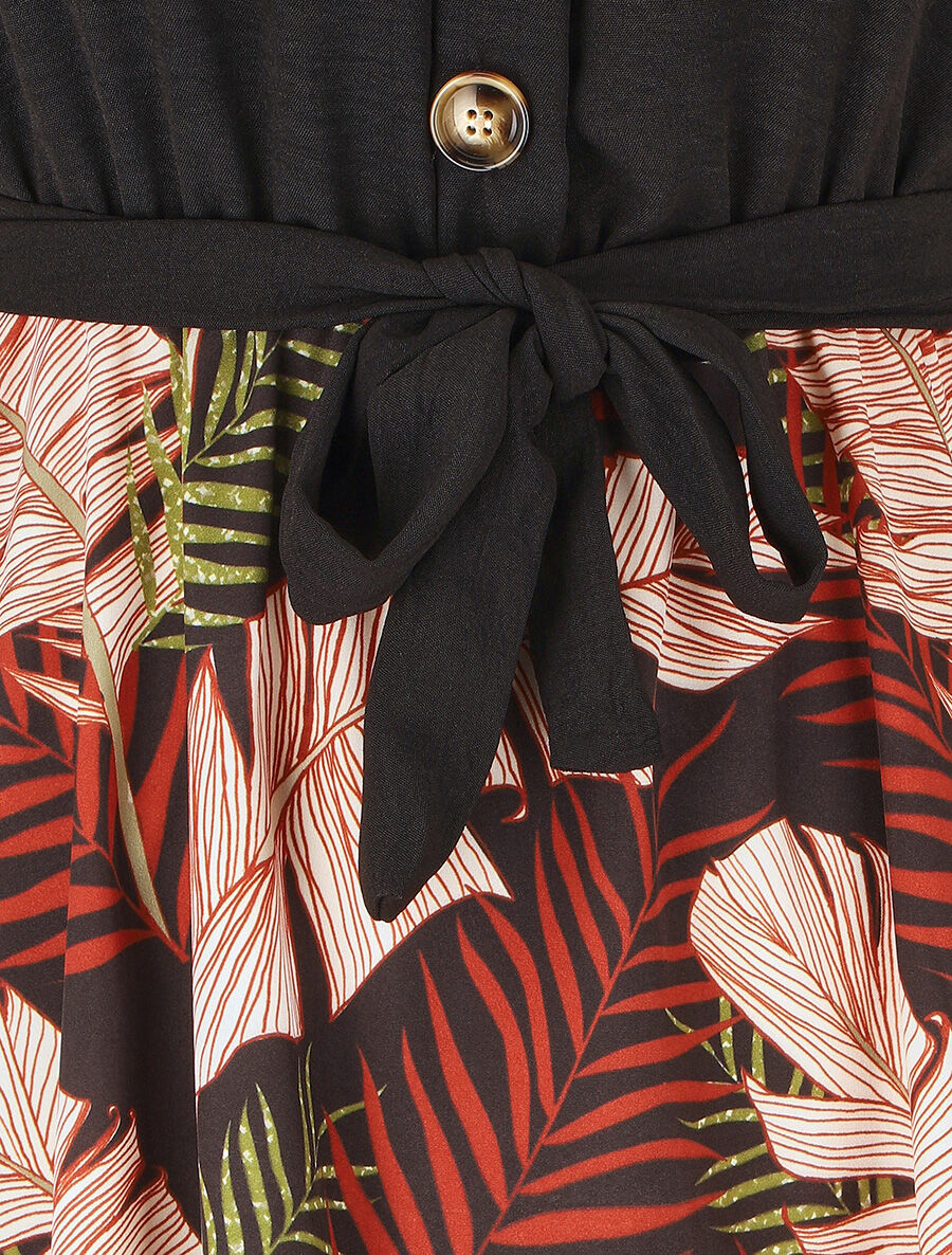 Robe midi manches courtes motif tropical - Noir - 3