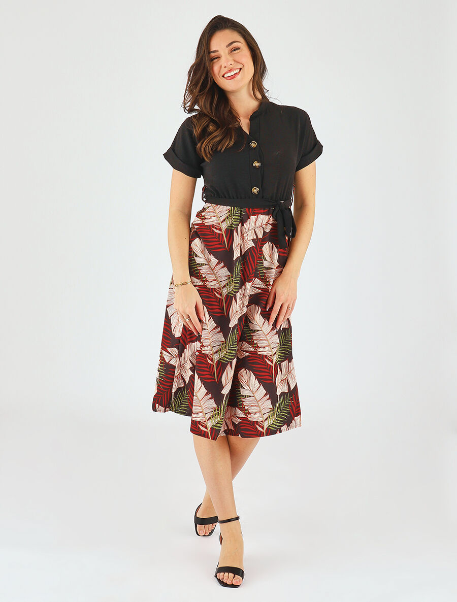 Robe midi manches courtes motif tropical - Noir - 4