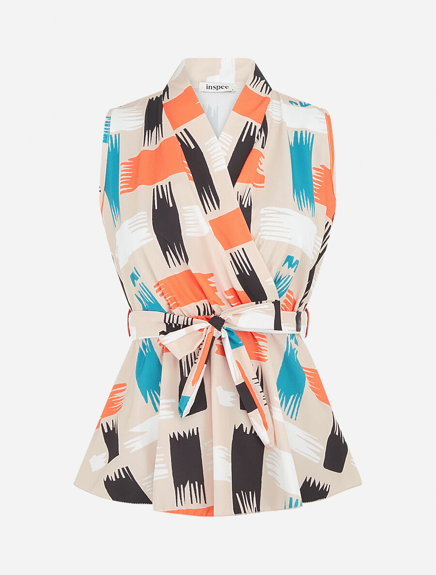 Top élastiqué imprimé fantaisie - Beige - 4