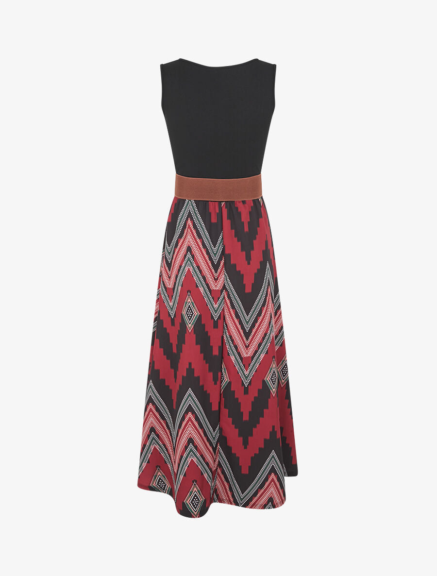 Robe longue évasée bi-matière imprimé graphique - Bordeaux - 2