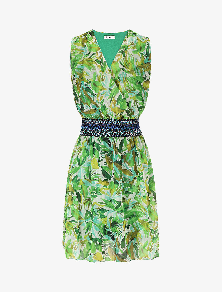 Robe mi-longue sans manches irisée motif végétal - Vert - 1