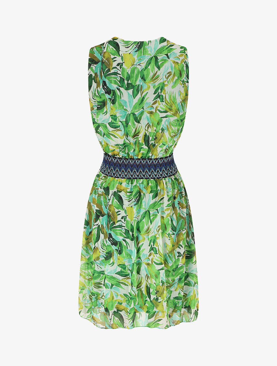 Robe mi-longue sans manches irisée motif végétal - Vert - 2