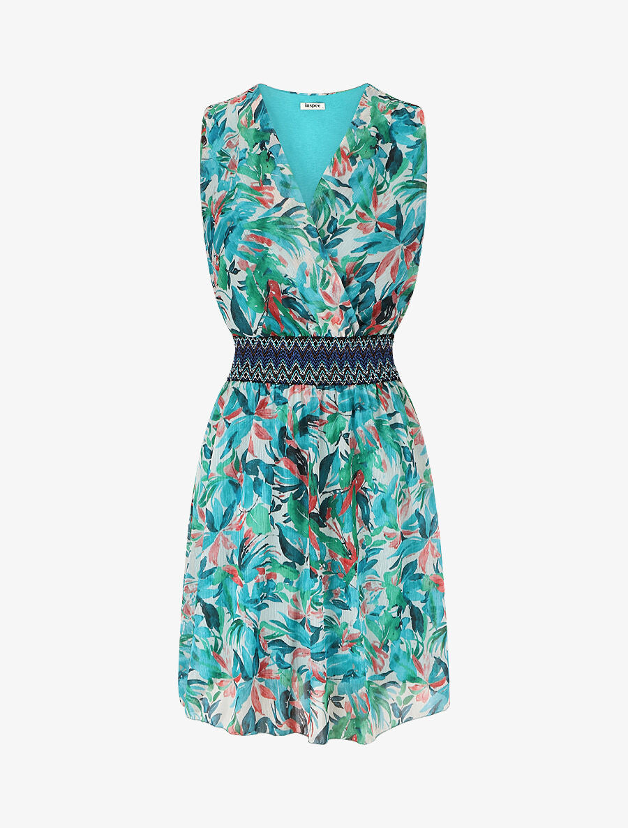 Robe mi-longue sans manches irisée motif végétal - Turquoise - 4