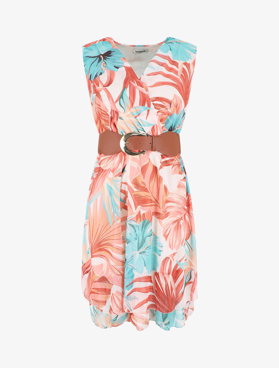 Robe élastiquée sans manches imprimé tropical - Orange - 1