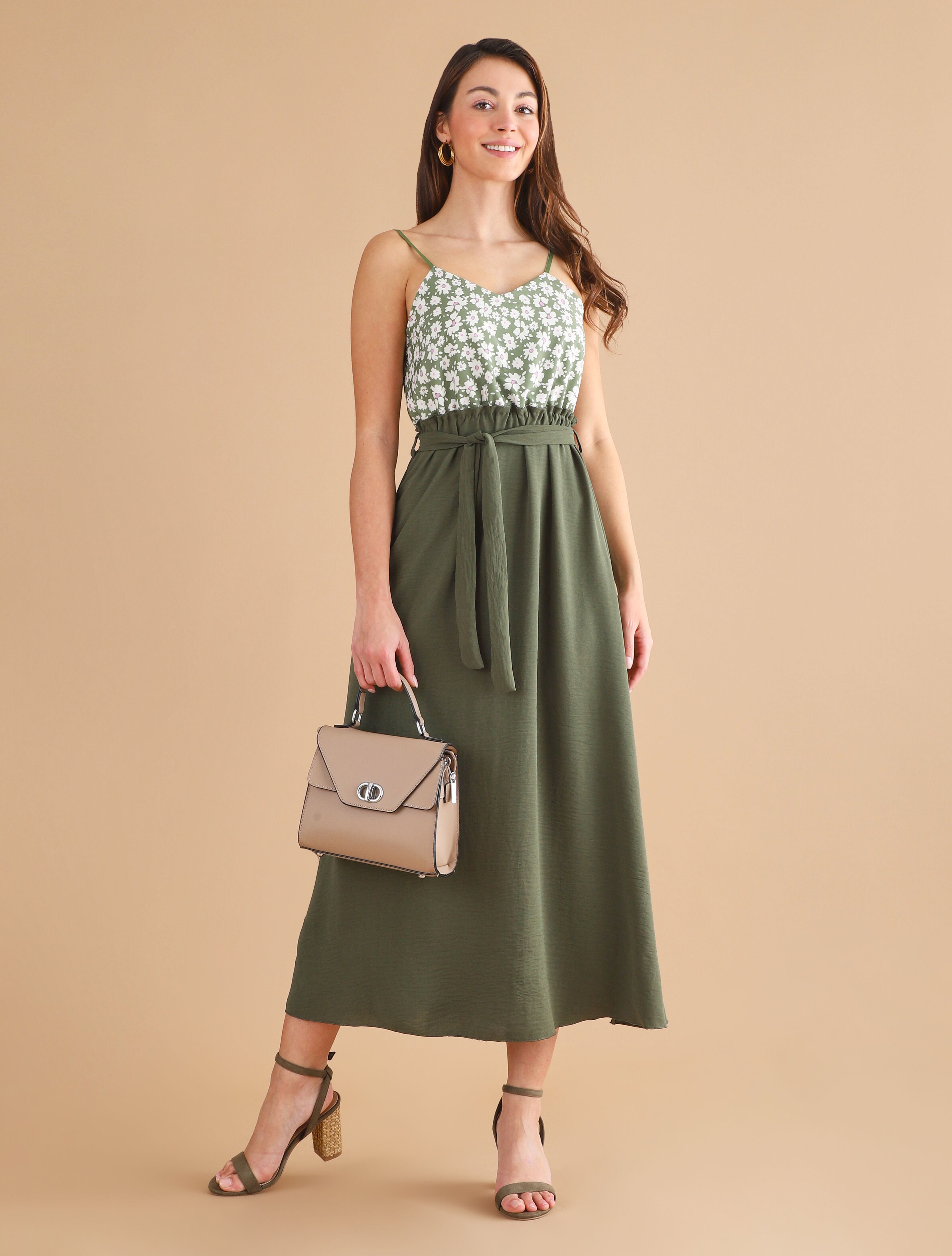 Robe empire imprimé petites fleurs - Kaki - 5