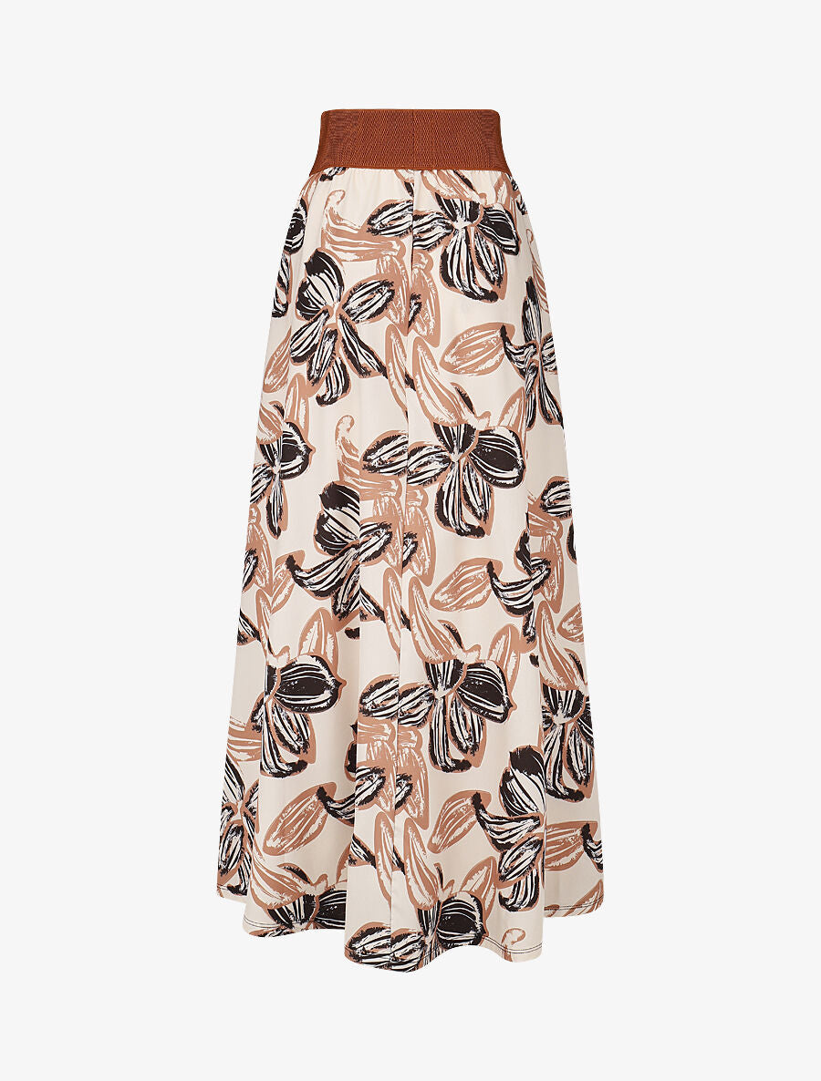 Jupe longue taille haute élastiquée imprimé grandes fleurs - Beige - 2
