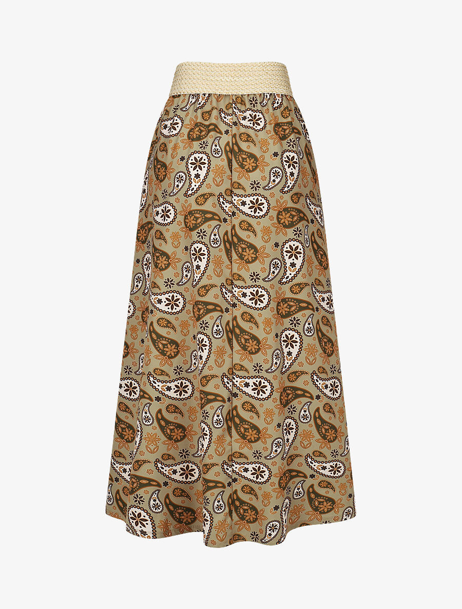 Jupe longue élastiquée imprimé foulard - Kaki - 2