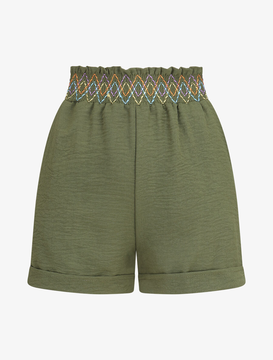 Short élastiqué uni à revers - Kaki - 4