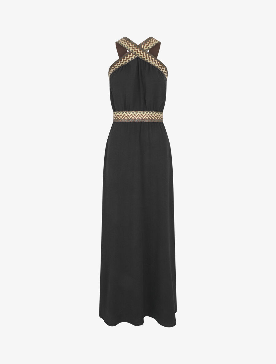 Robe longue unie col américain fantaisie - Noir - 7