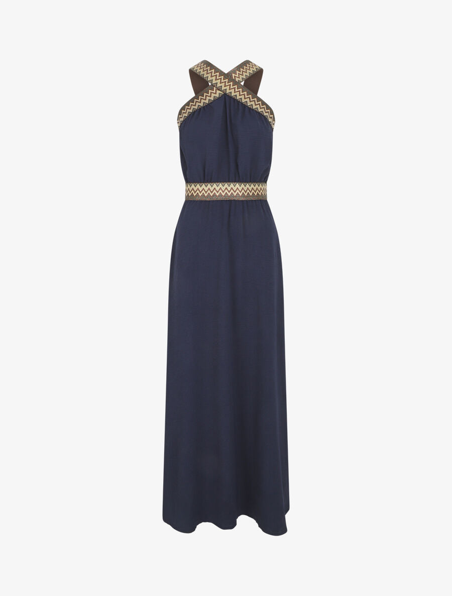 Robe longue unie col américain fantaisie - Marine - 1