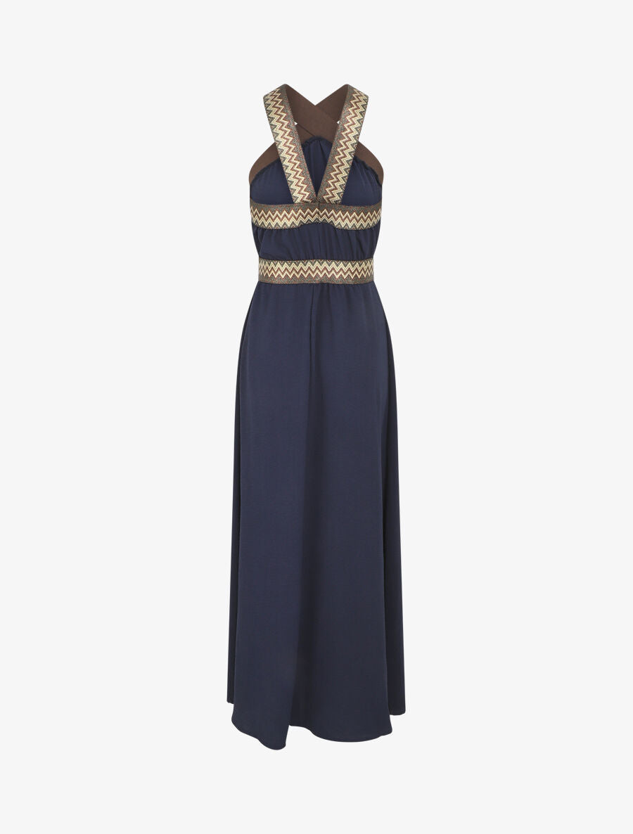 Robe longue unie col américain fantaisie - Marine - 2