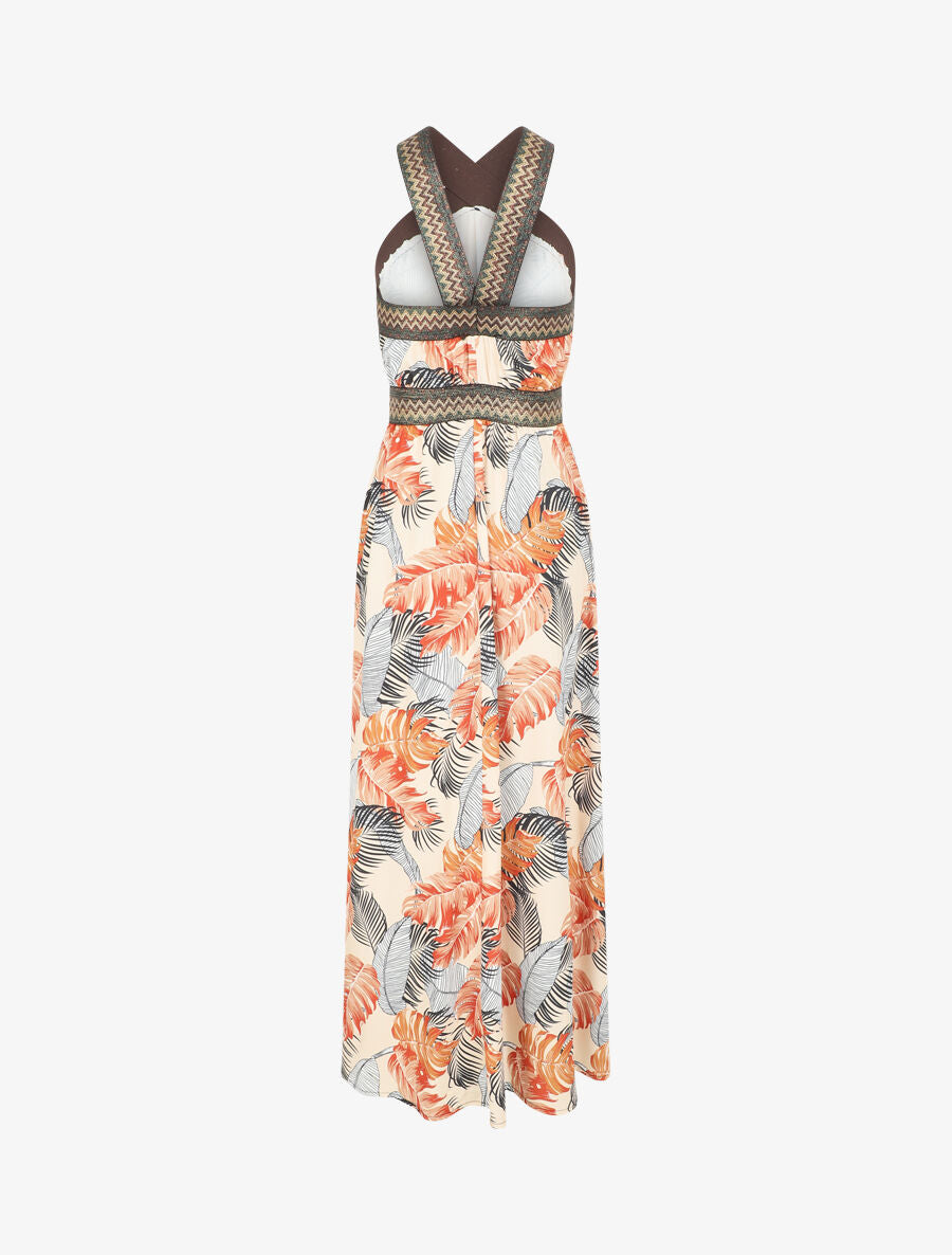 Robe longue imprimé tropical à larges bretelles croisées - Beige - 2