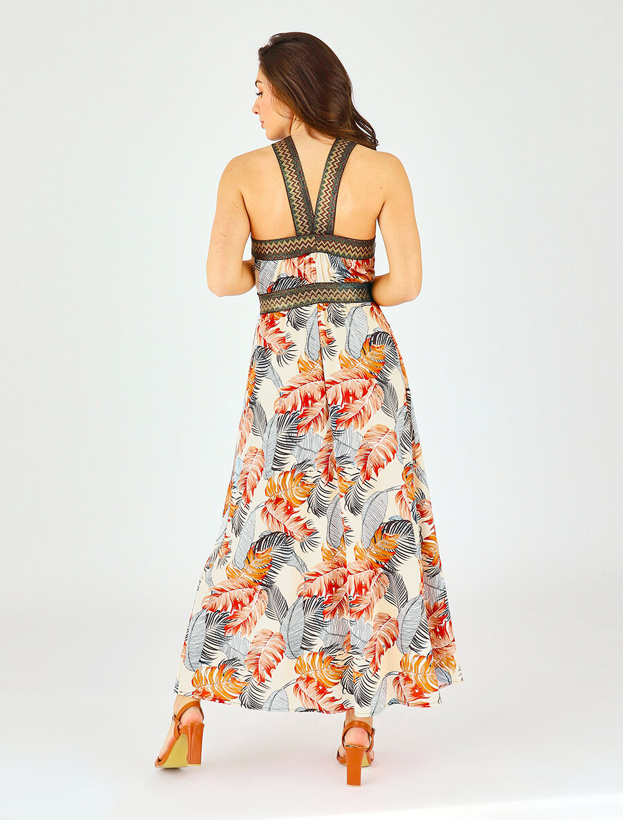 Robe longue imprimé tropical à larges bretelles croisées - Beige - 5