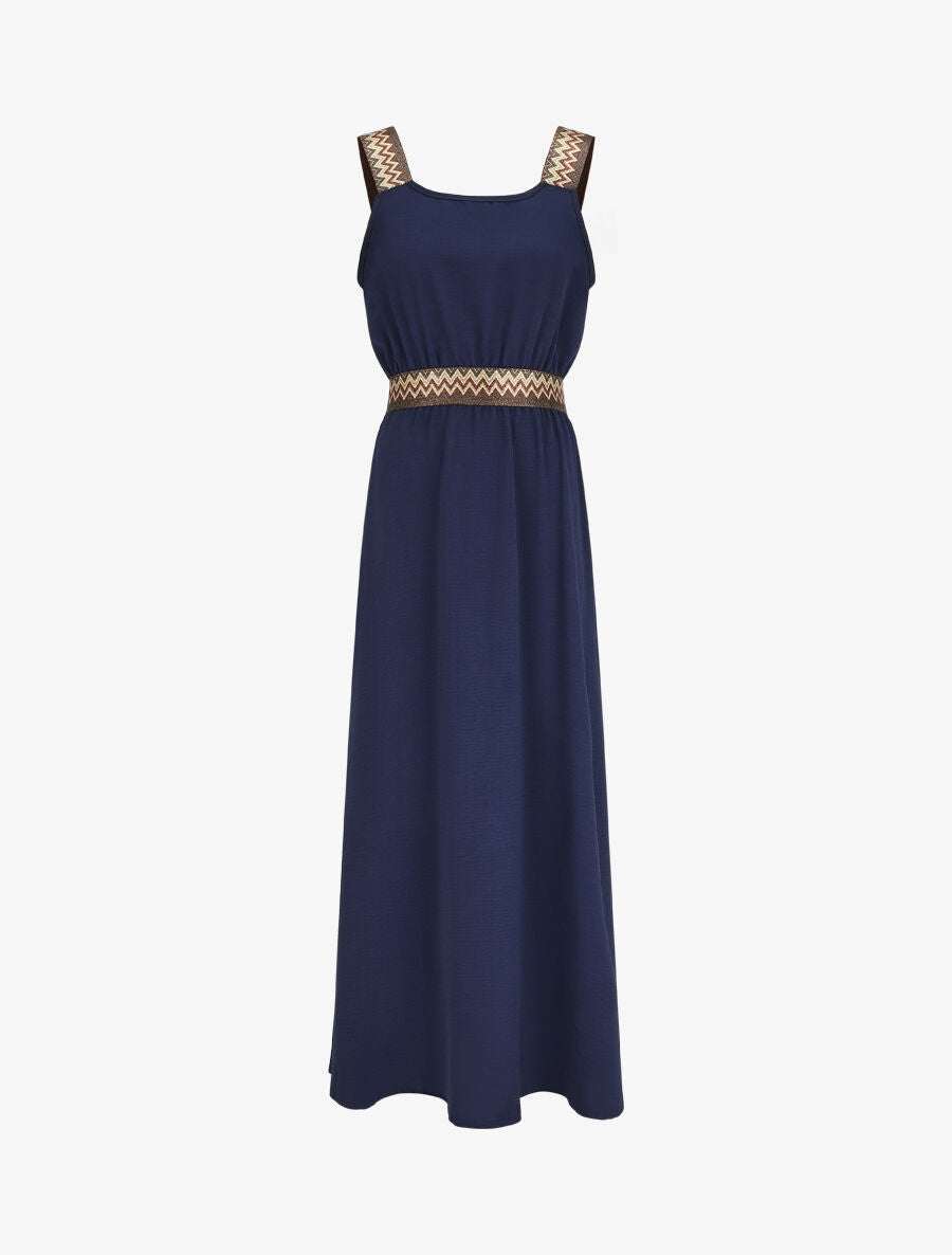 Robe longue unie bretelles fantaisies - Marine - 1