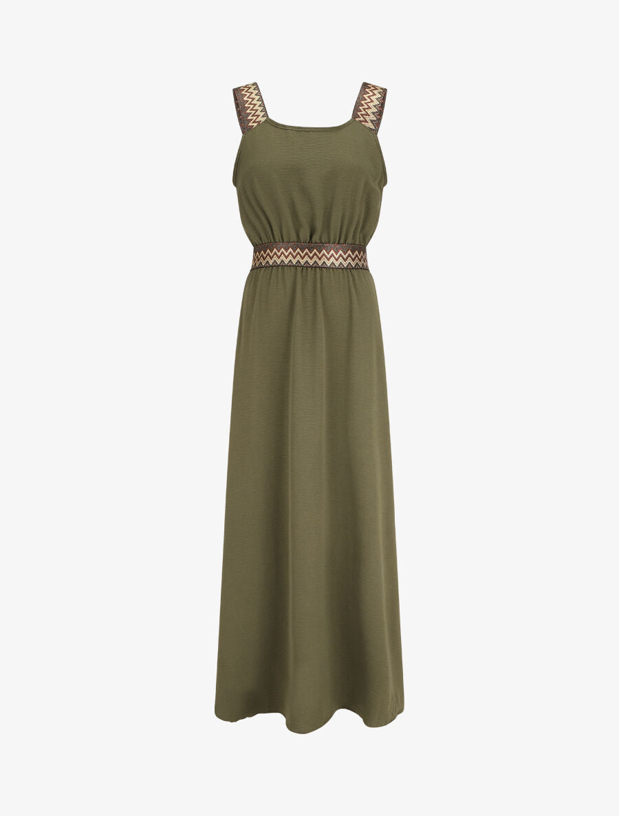 Robe longue unie bretelles fantaisies - Kaki - 1