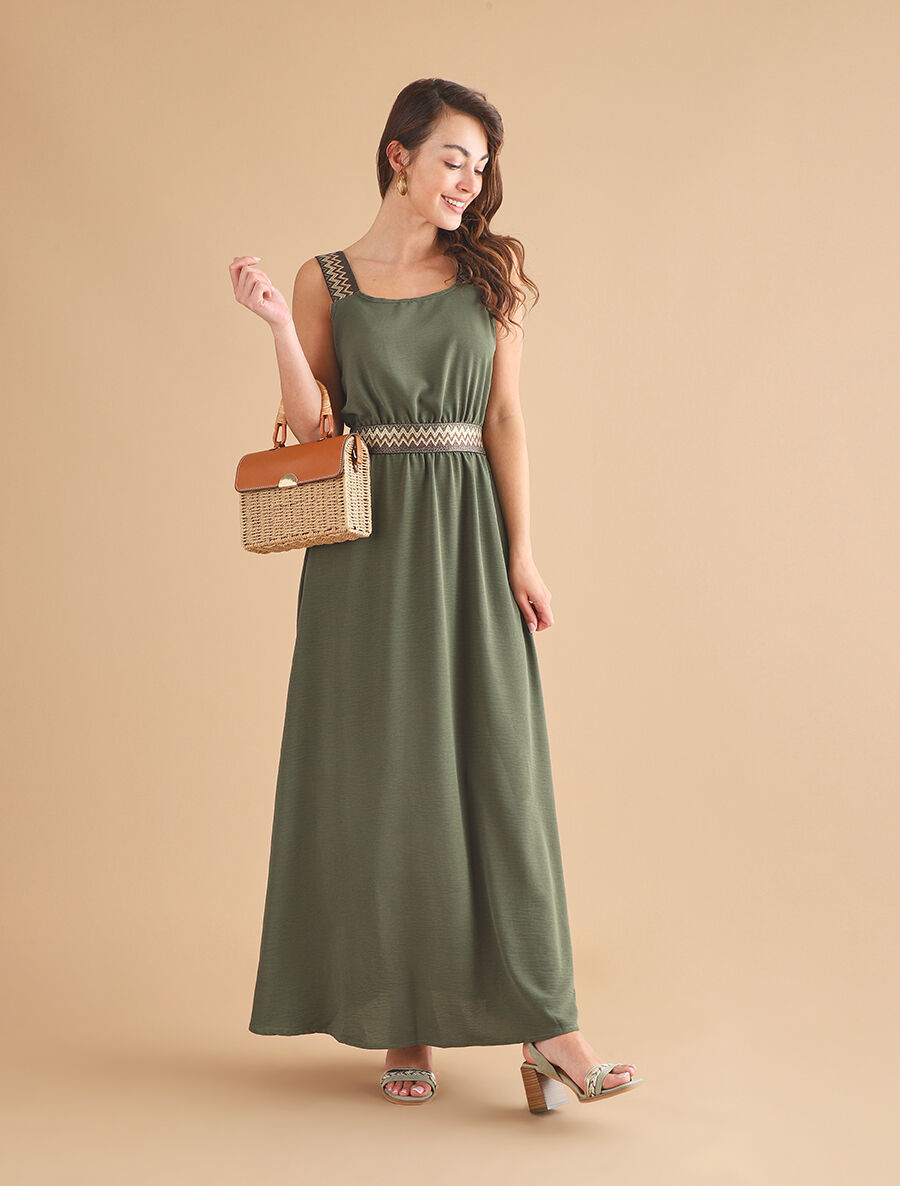 Robe longue unie bretelles fantaisies - Kaki - 4
