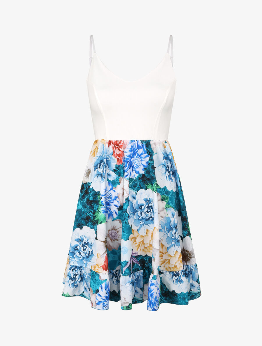 Robe patineuse courte imprimé pivoines - Bleu - 4