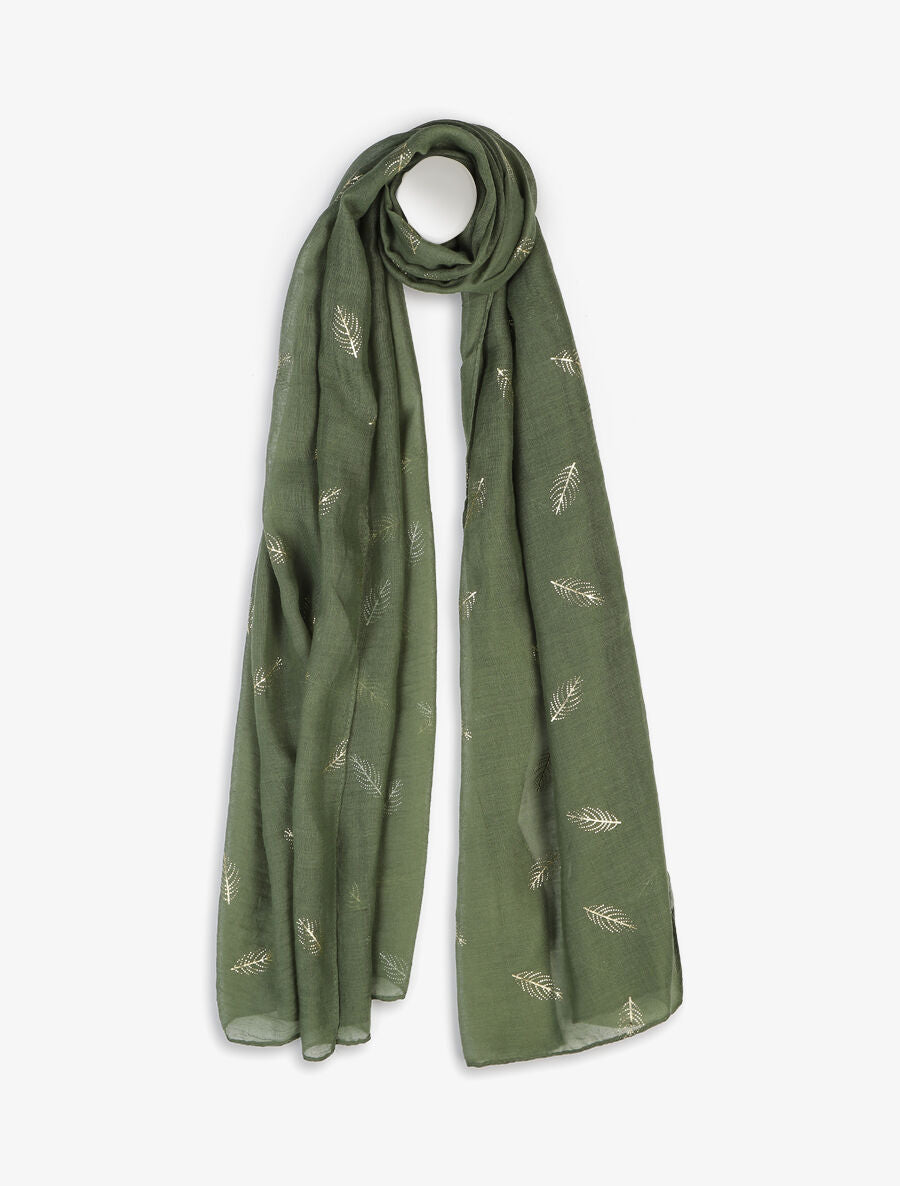 Foulard imprimé plumes irisées - Kaki - 1