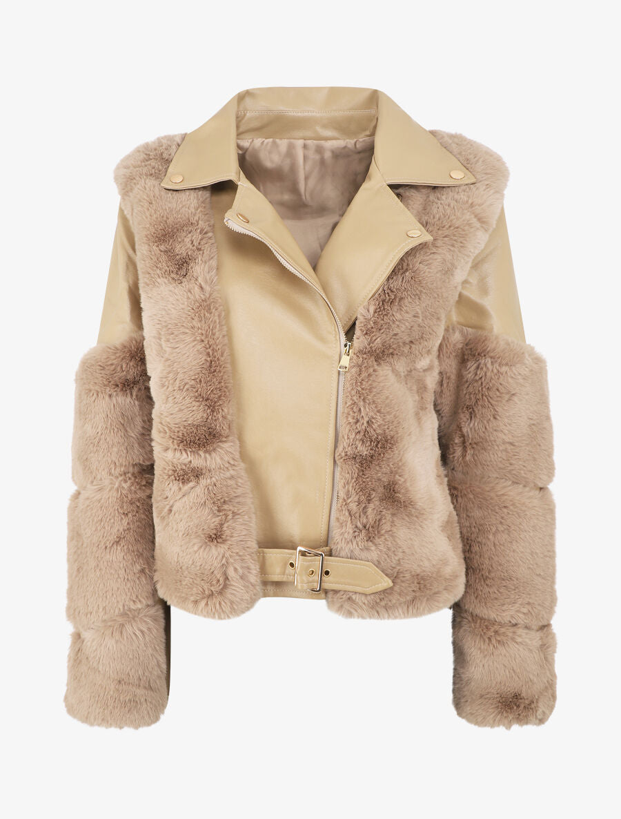 Perfecto en simili et fourrure synthétique - Taupe - 1