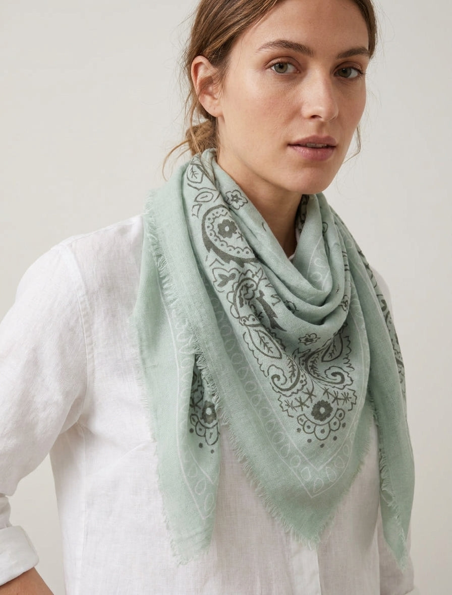 Paisley-Print-Schal mit ausgefransten Kanten - Wassergrün
