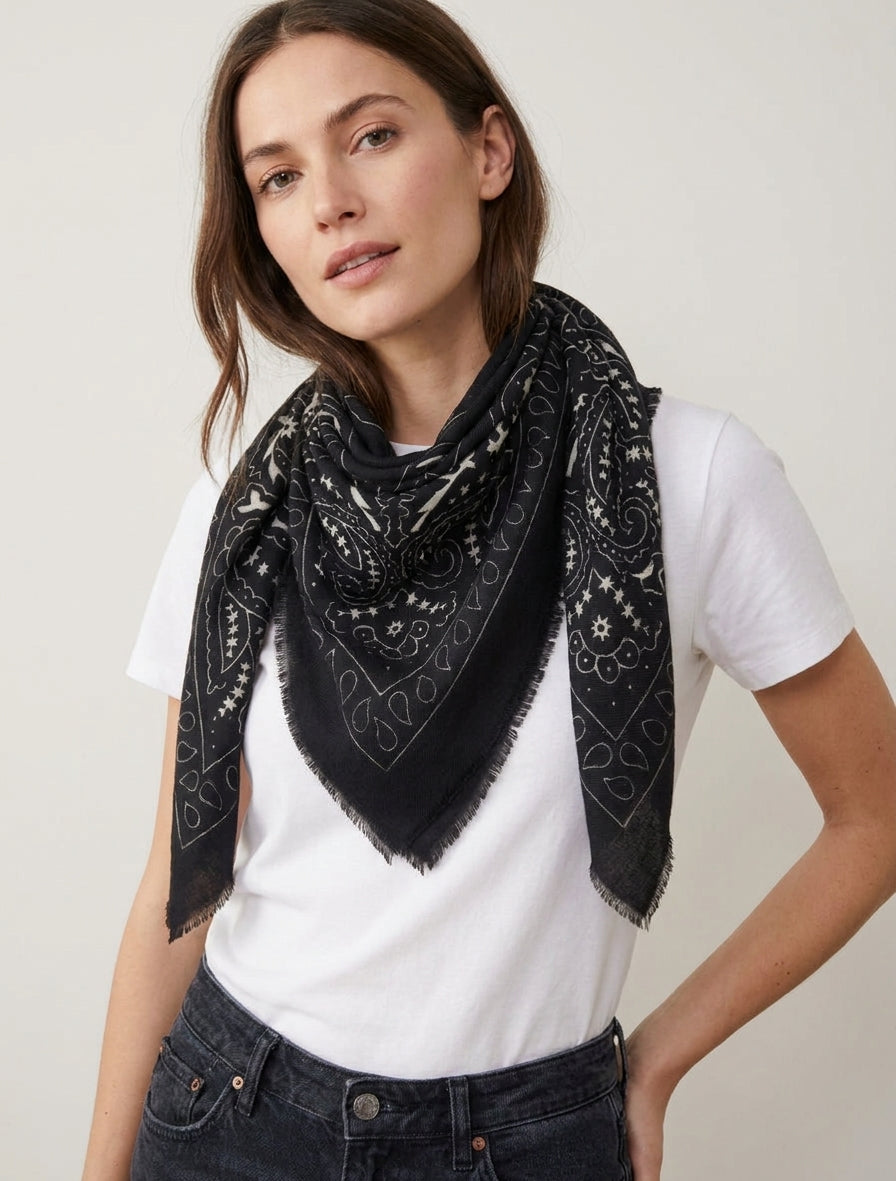 Paisley-Print-Schal mit ausgefransten Kanten - Schwarz