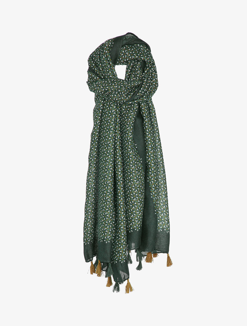 Foulard à imprimé mosaïque de fleurs et bords à pompons - Vert - 3
