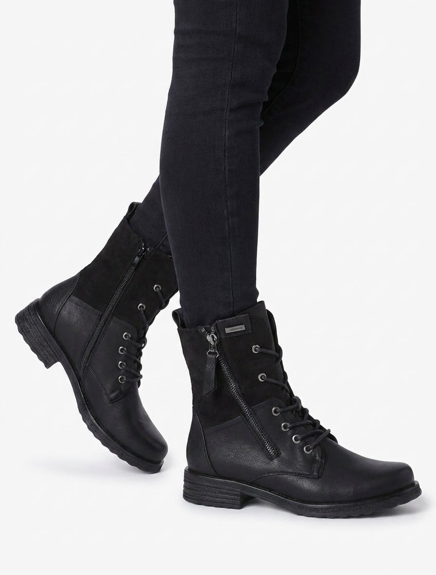 Schnürstiefeletten aus zweierlei Material - Schwarz