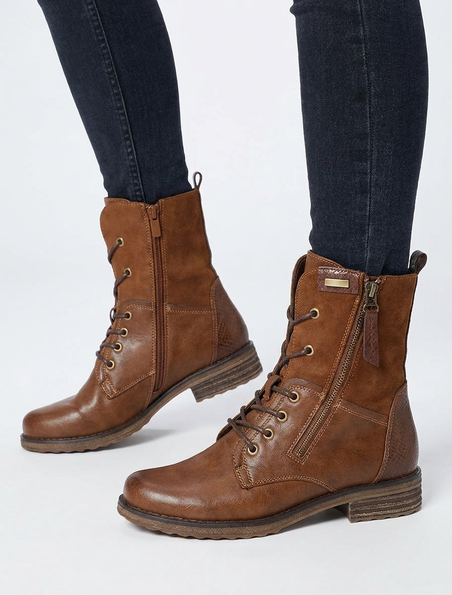Schnürstiefeletten aus zweierlei Material - Kamel