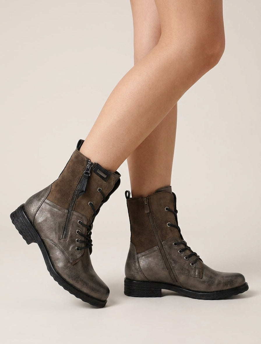 Schnürstiefeletten aus zweierlei Material - Dunkles Khaki