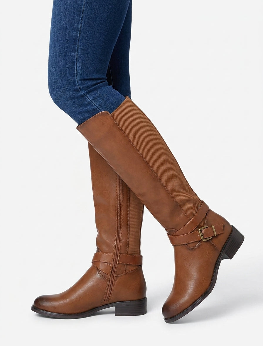 Elastische Stiefel mit Riemen und Schnalle - Kamel