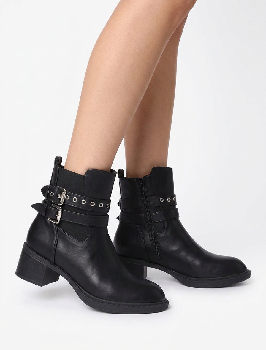 Elastische Stiefeletten mit doppelten Riemen - Schwarz